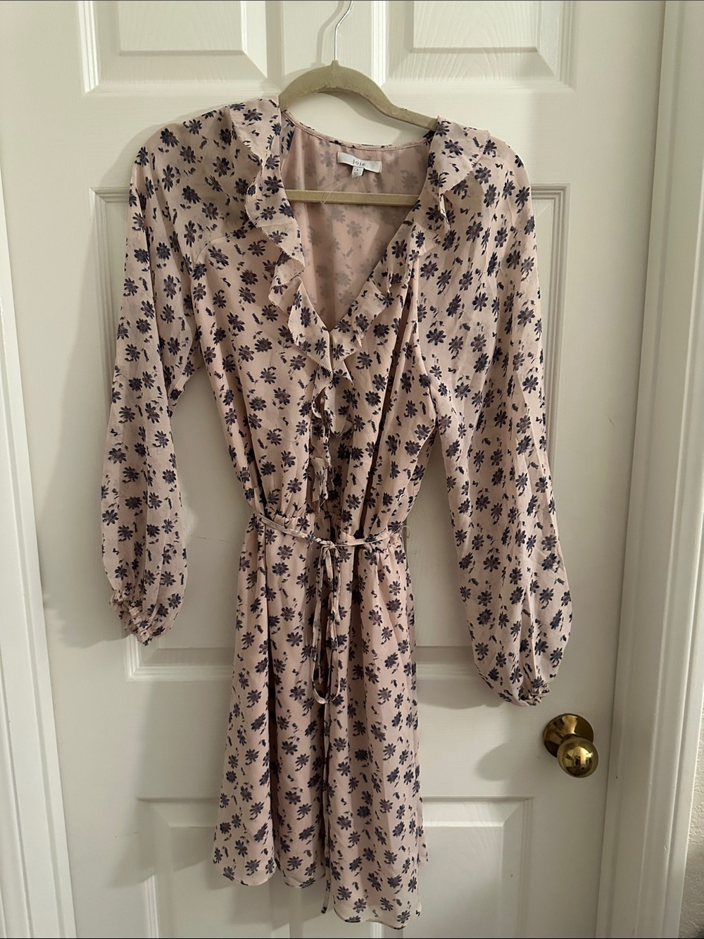 Joie Blush Floral Ruffle Tie-Waist Long Sleeve Dress